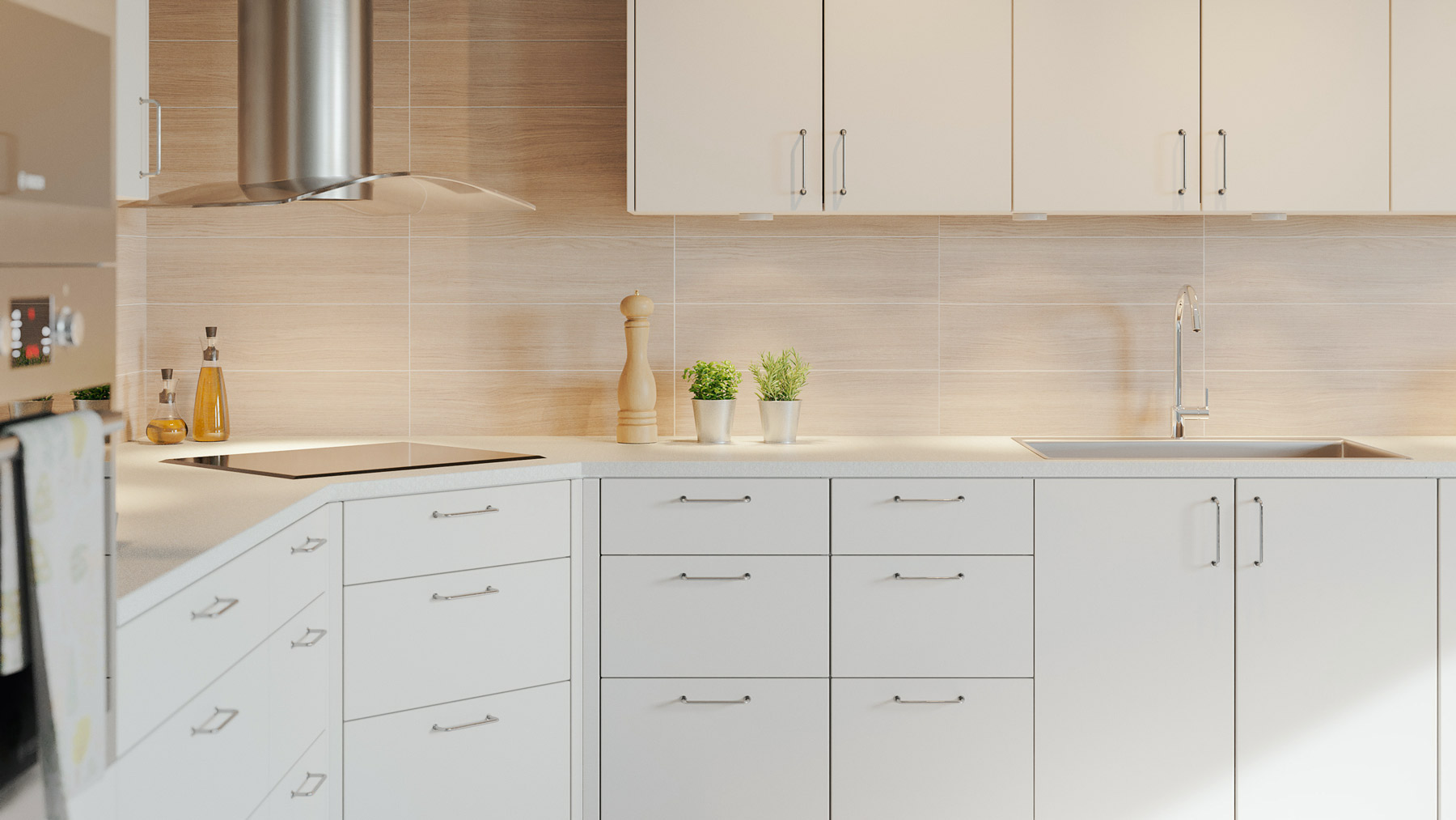 Gallery 4 Kjøkken med slette kjøkkenfronter i den hvite fargen Syren og en hvit, matt benkeplate