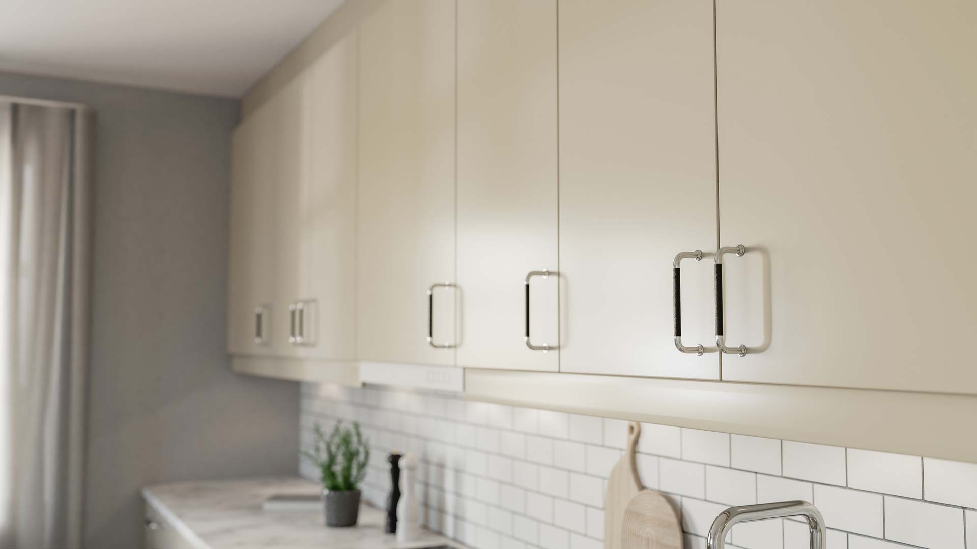 HK Vinkel 04 HI Feb 2021 Kjøkken med Slett R3 kjøkkenfronter i den lyse fargen Sand med Ritzy håndtak