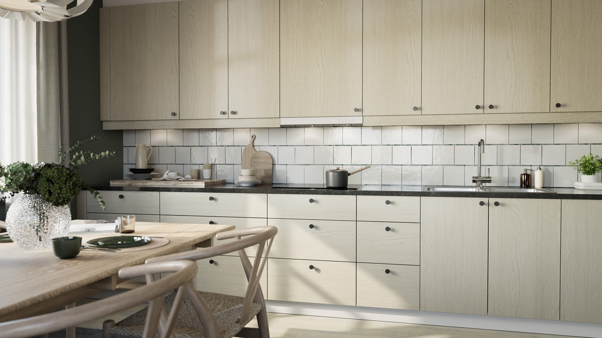 Hk Vitfuruvitt Kjøkken med Slett kjøkkenfronter i den lyse fargen Vitfuruvitt med sorte Oas knotter