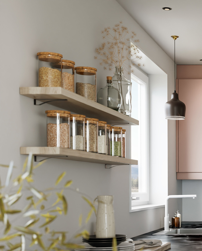 Hyller på kjøkken med glasskrukker fylt med mat